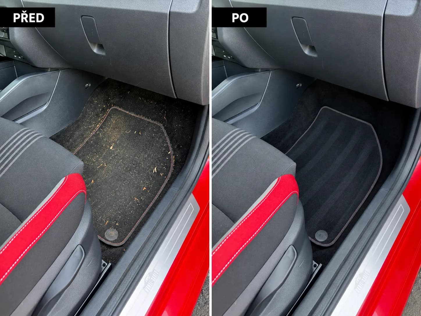 Prostor u nohou spolujezdce a kobereček — před a po hloubkovém vyčištění