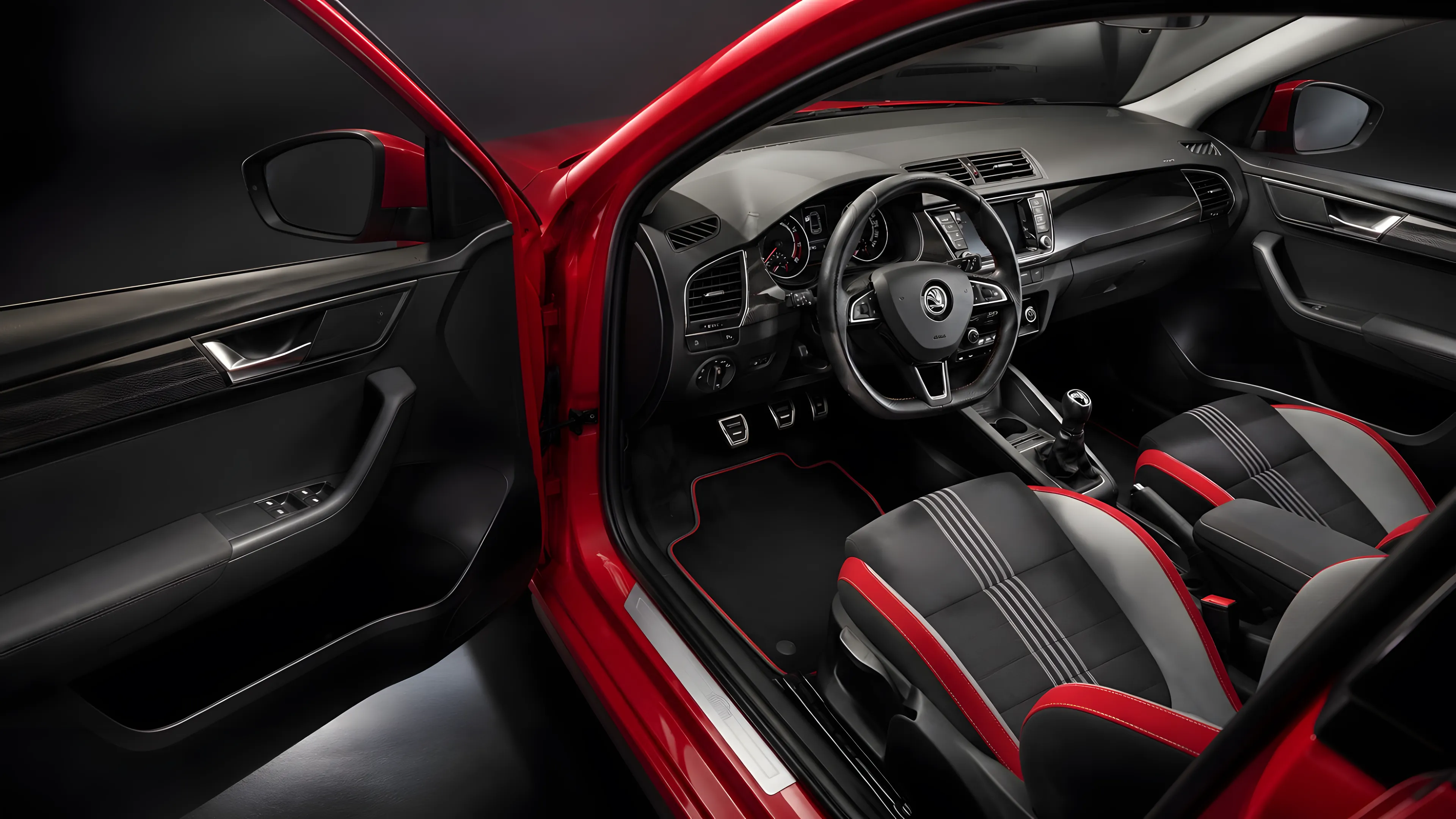 Čistý interiér auta s červenými sportovními sedačkami po detailingu od VV Garage